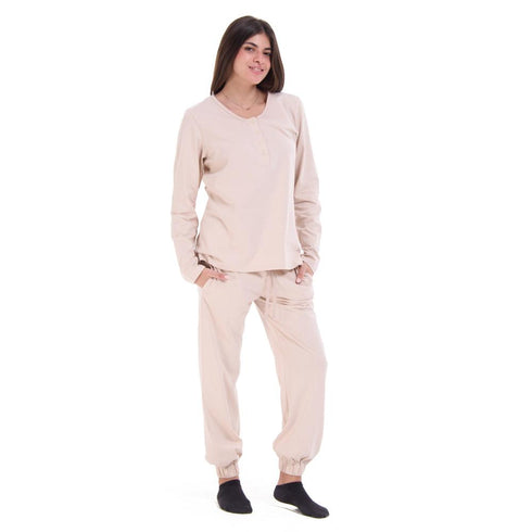 Women Fall Pajama Set Cream buttoned sweatshirt + pants